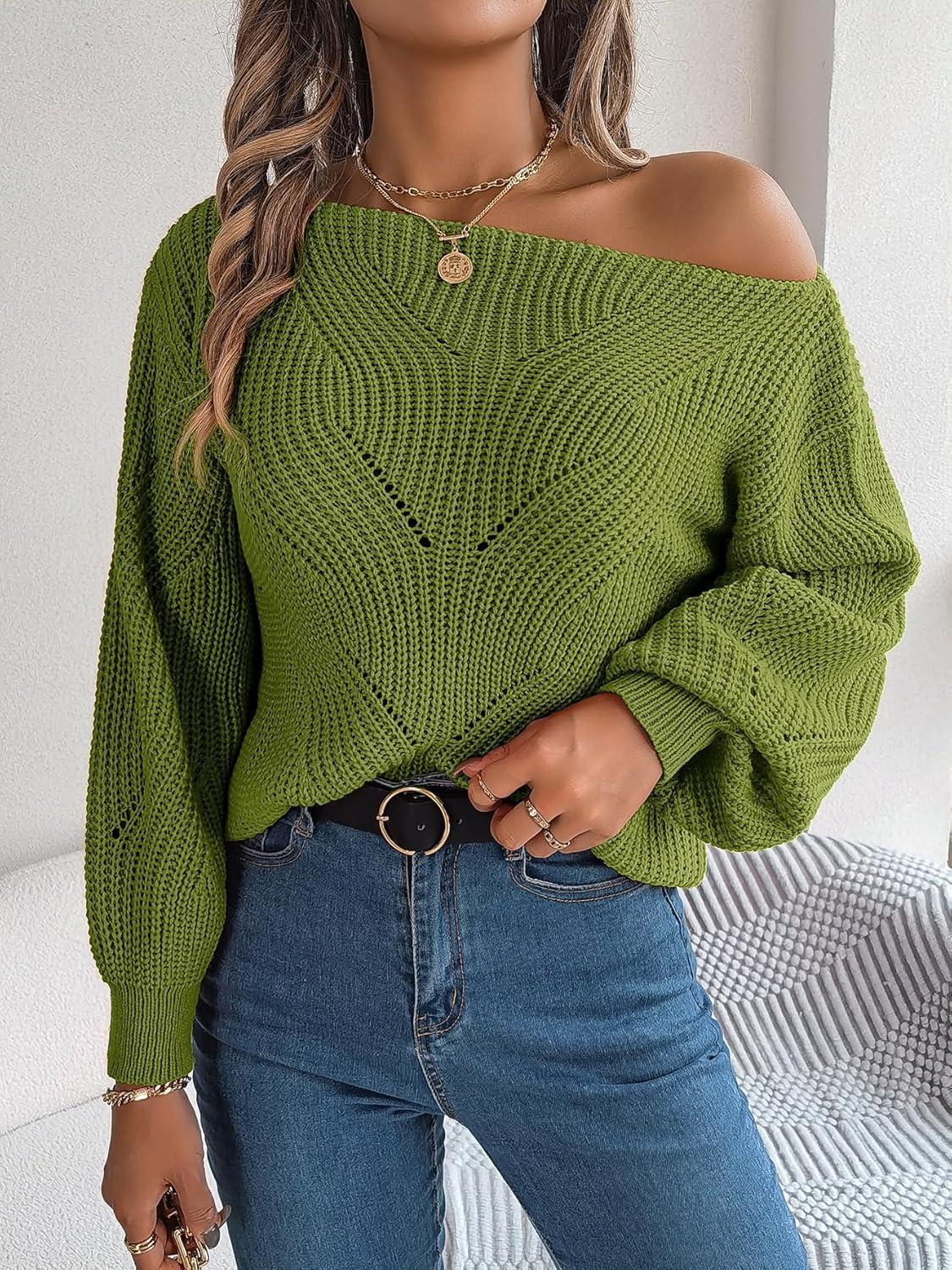 imageOpenwork OffTheShoulder Sweater with Lantern Sleeves for FallWinter Casual WearGreen