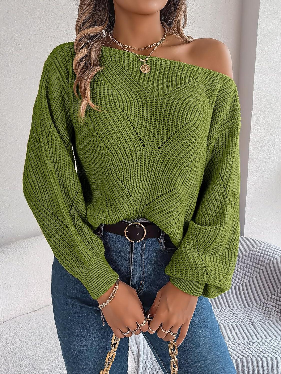 imageOpenwork OffTheShoulder Sweater with Lantern Sleeves for FallWinter Casual WearGreen
