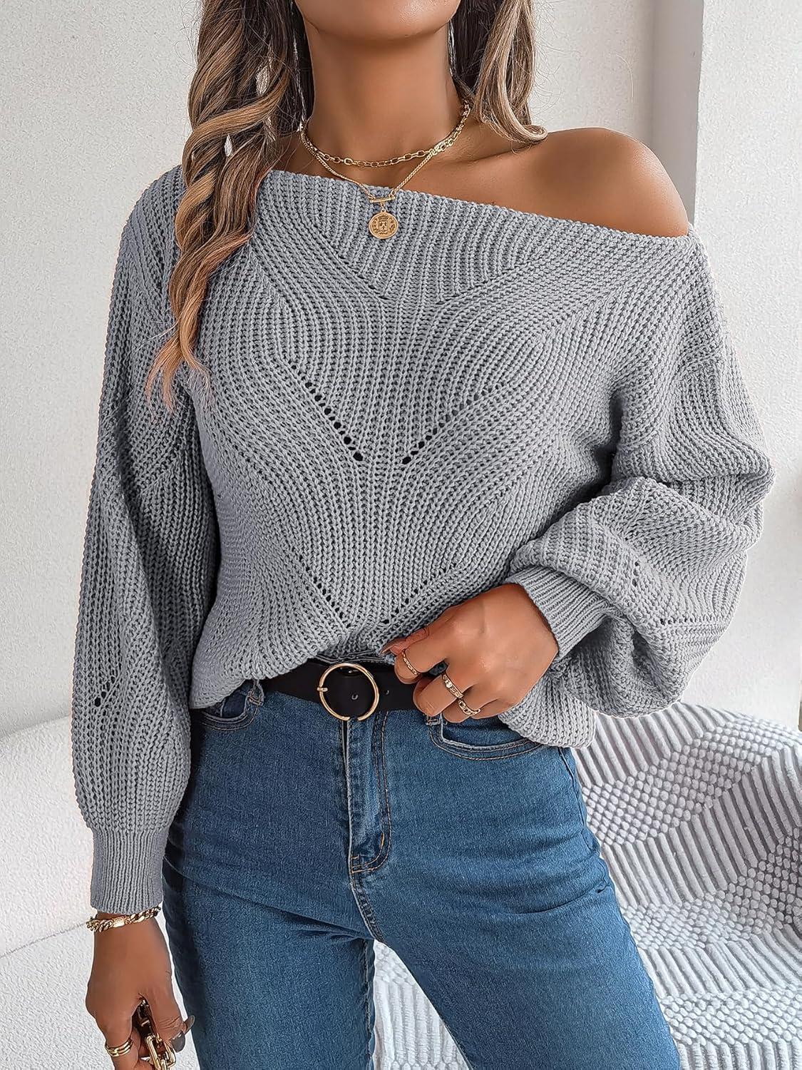 imageOpenwork OffTheShoulder Sweater with Lantern Sleeves for FallWinter Casual WearGrey