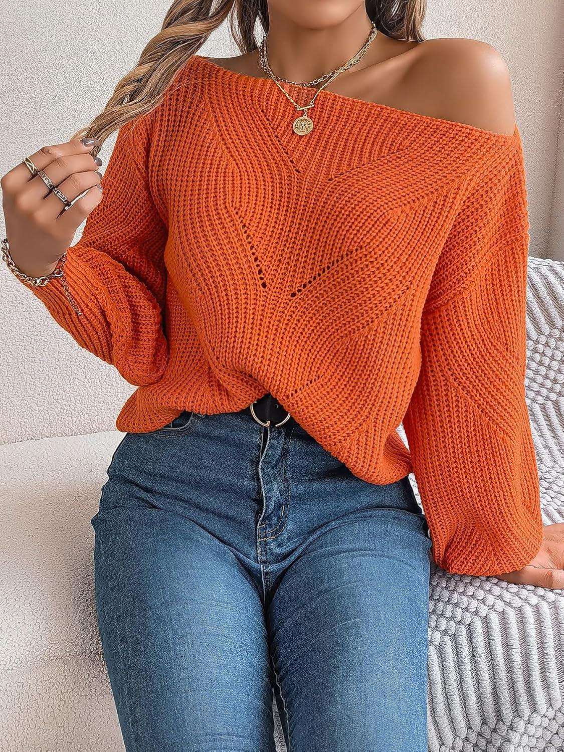 imageOpenwork OffTheShoulder Sweater with Lantern Sleeves for FallWinter Casual WearOrange