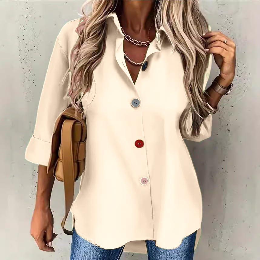 imageSolidColor Cardigan LongSleeve Shirt with Colored Buttons for Women SpringFall Casual WearBeige