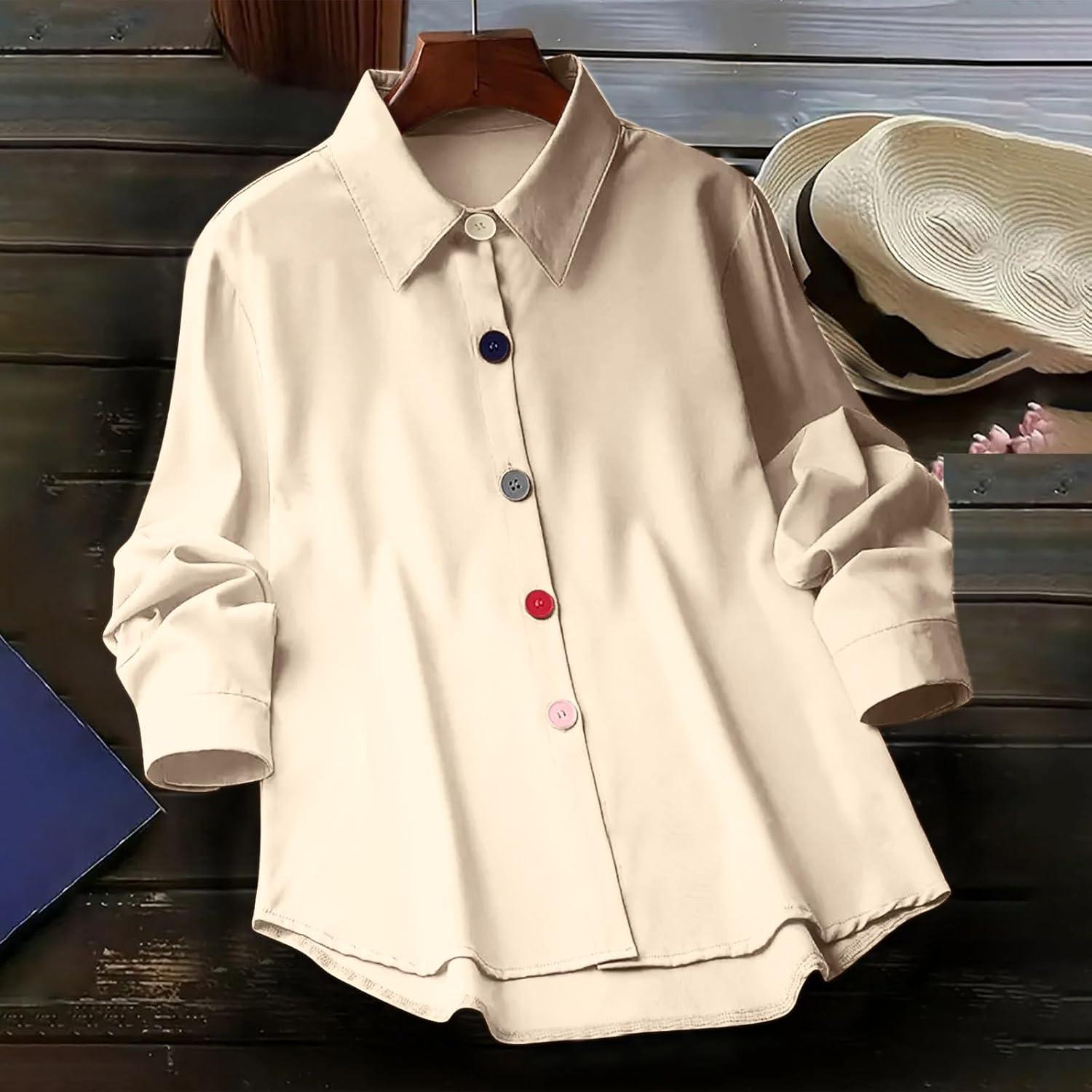 imageSolidColor Cardigan LongSleeve Shirt with Colored Buttons for Women SpringFall Casual WearBeige