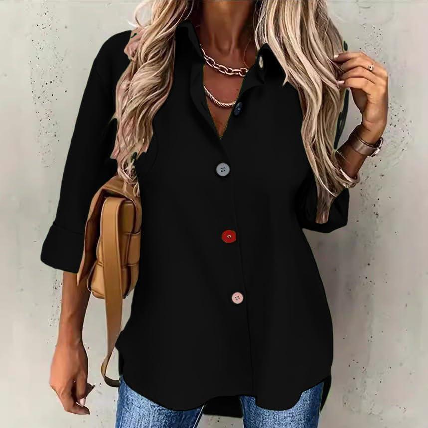 imageSolidColor Cardigan LongSleeve Shirt with Colored Buttons for Women SpringFall Casual WearBlack