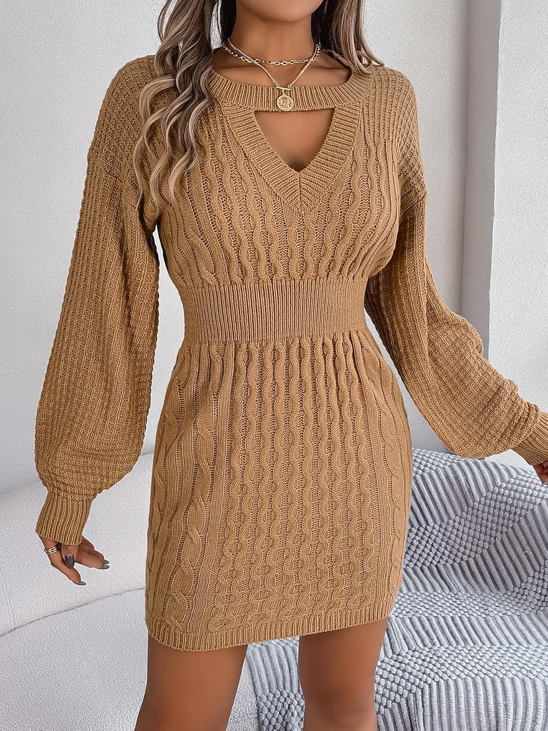 imageTwisted LaceUp LanternD Sleeve Knit Dress Fitted Waist Hot Girl VNeck Bodycon DressKhaki