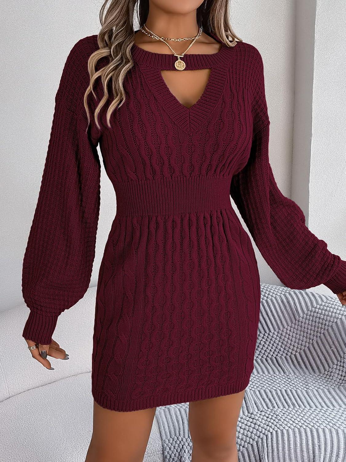 imageTwisted LaceUp LanternD Sleeve Knit Dress Fitted Waist Hot Girl VNeck Bodycon DressWine