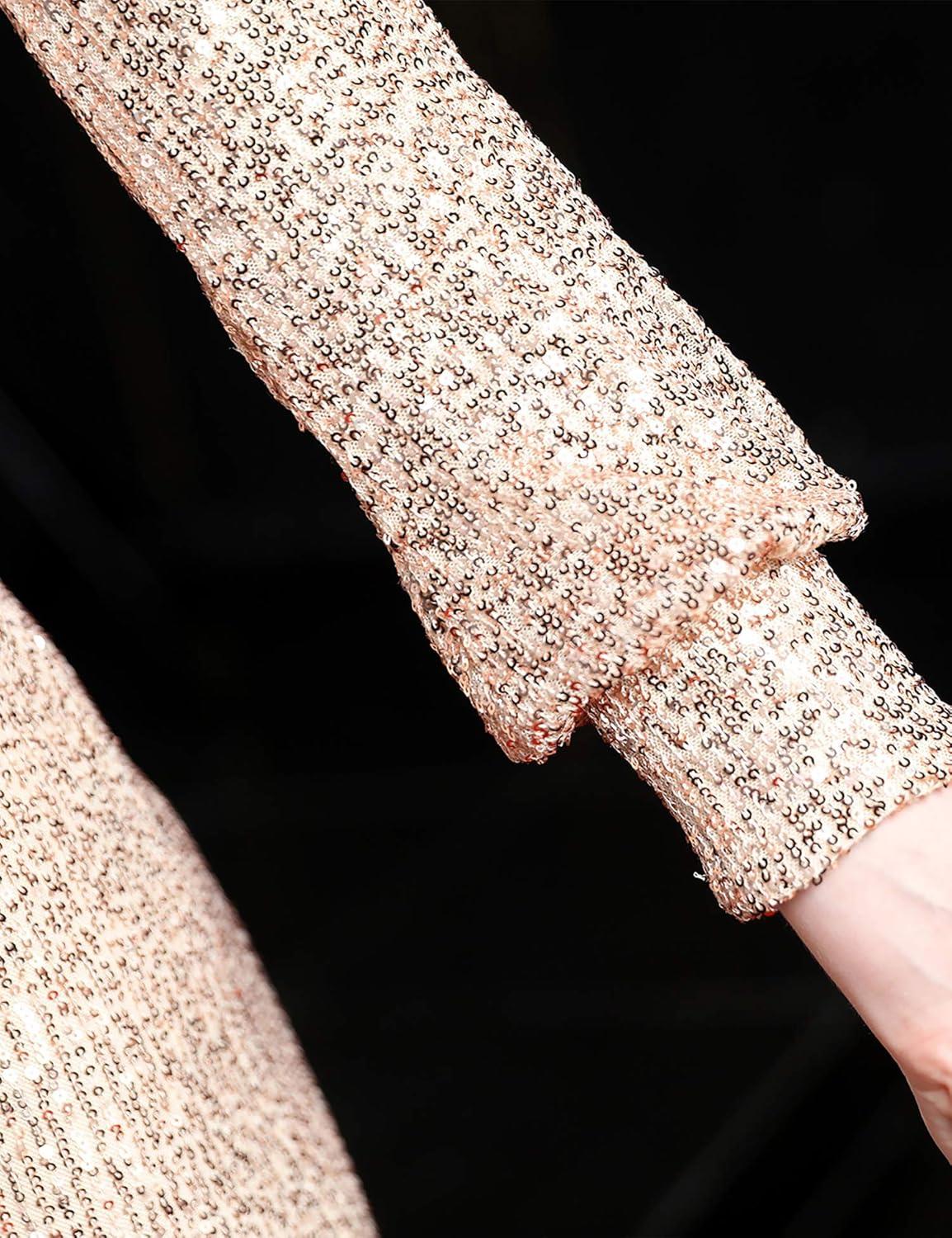 imageWomens Full Sequins Long Sleeves Split V Neck Maxi Gown Wedding Prom DressBeige