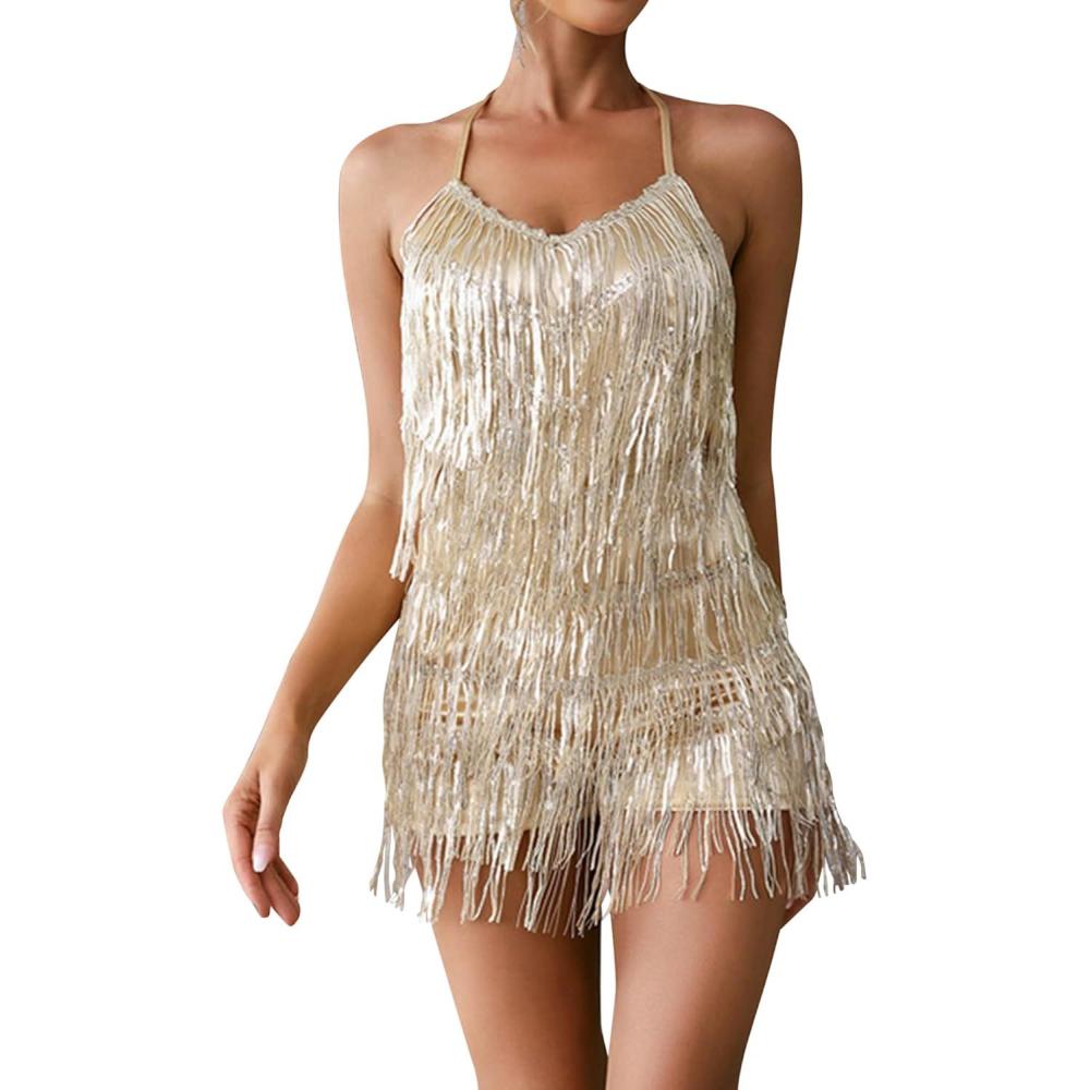 imageBackless Laceup Cocktail Dresses Flapper Dress 20s Gatsby Fringe Mini Dresses Feather Prom Party DressMchampagne