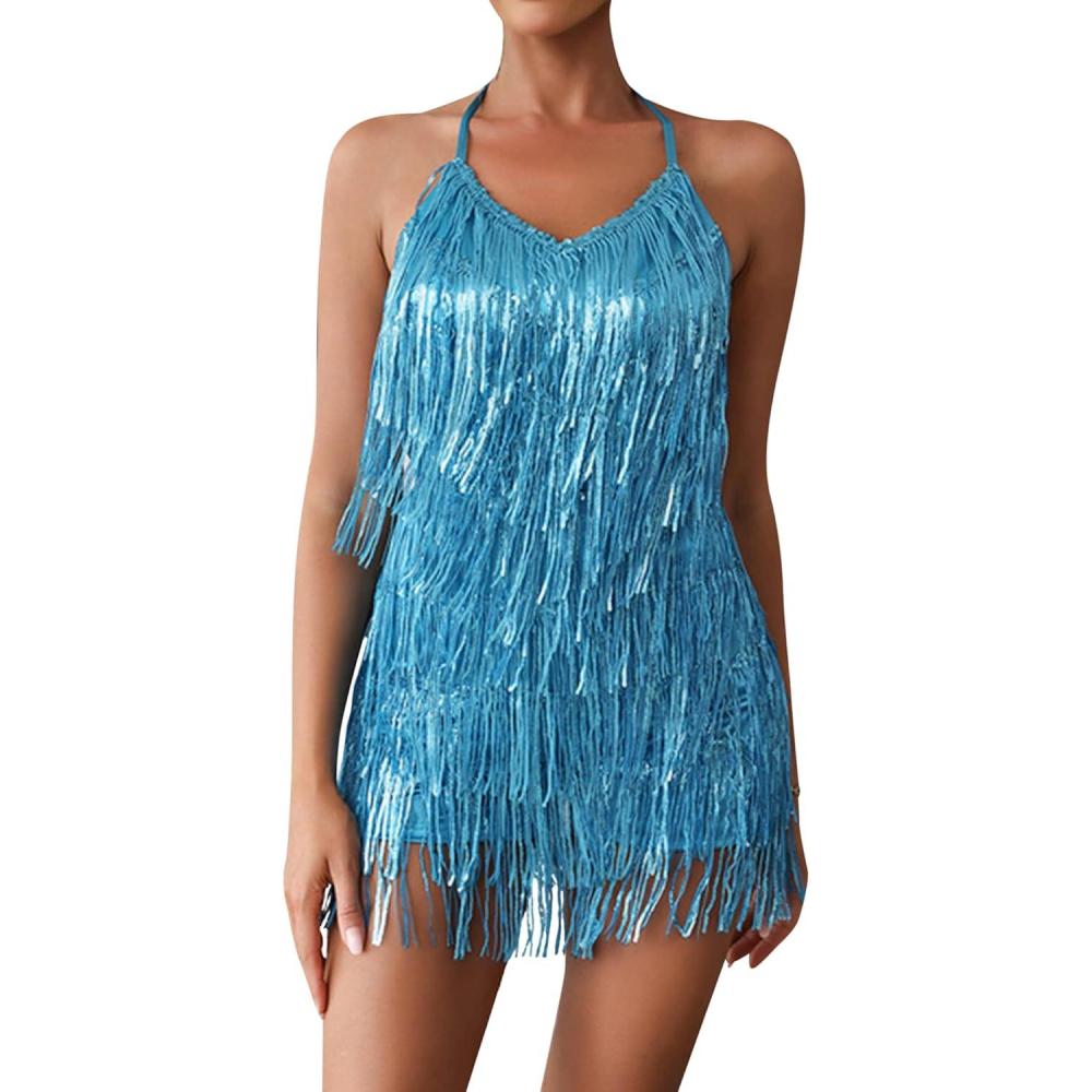 imageBackless Laceup Cocktail Dresses Flapper Dress 20s Gatsby Fringe Mini Dresses Feather Prom Party DressMlightblue