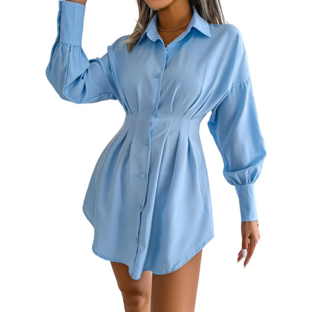 imageCasual Lantern Sleeve Shirt Dress with Cinched Waist and Asymmetrical DressesBlue