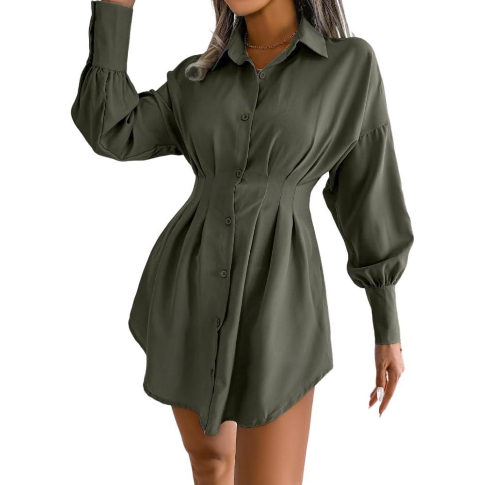 imageCasual Lantern Sleeve Shirt Dress with Cinched Waist and Asymmetrical DressesGreen