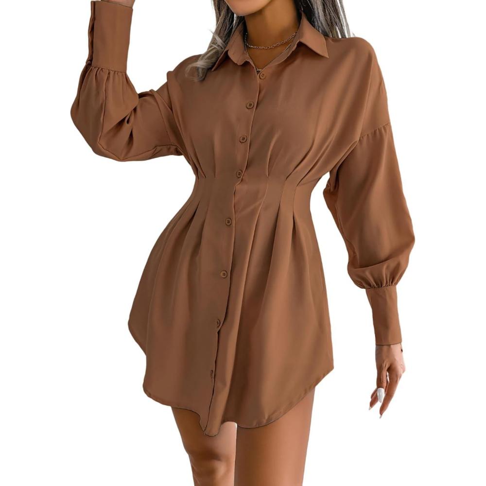 imageCasual Lantern Sleeve Shirt Dress with Cinched Waist and Asymmetrical DressesKhaki