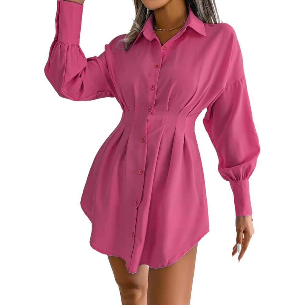 imageCasual Lantern Sleeve Shirt Dress with Cinched Waist and Asymmetrical DressesRose