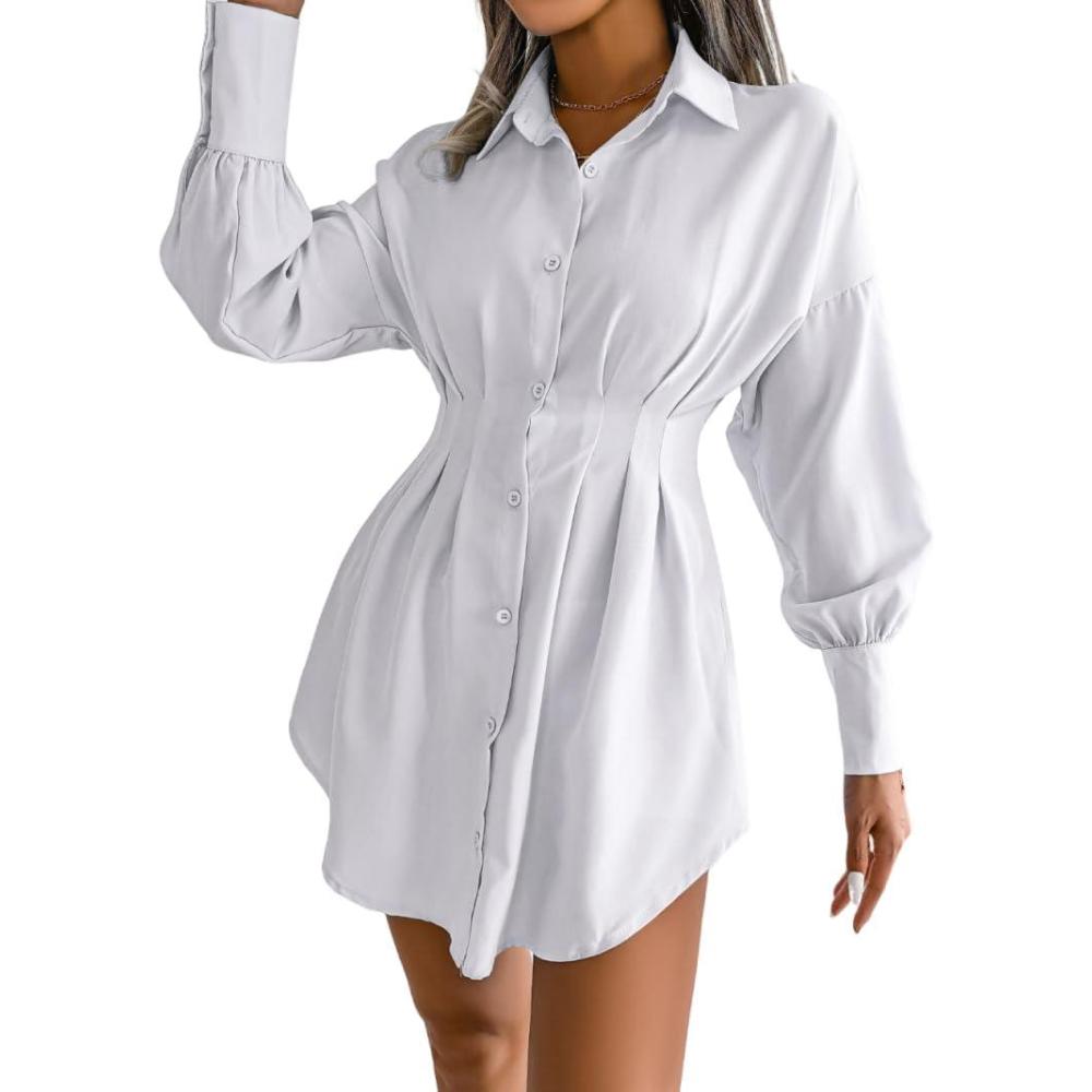 imageCasual Lantern Sleeve Shirt Dress with Cinched Waist and Asymmetrical DressesWhite