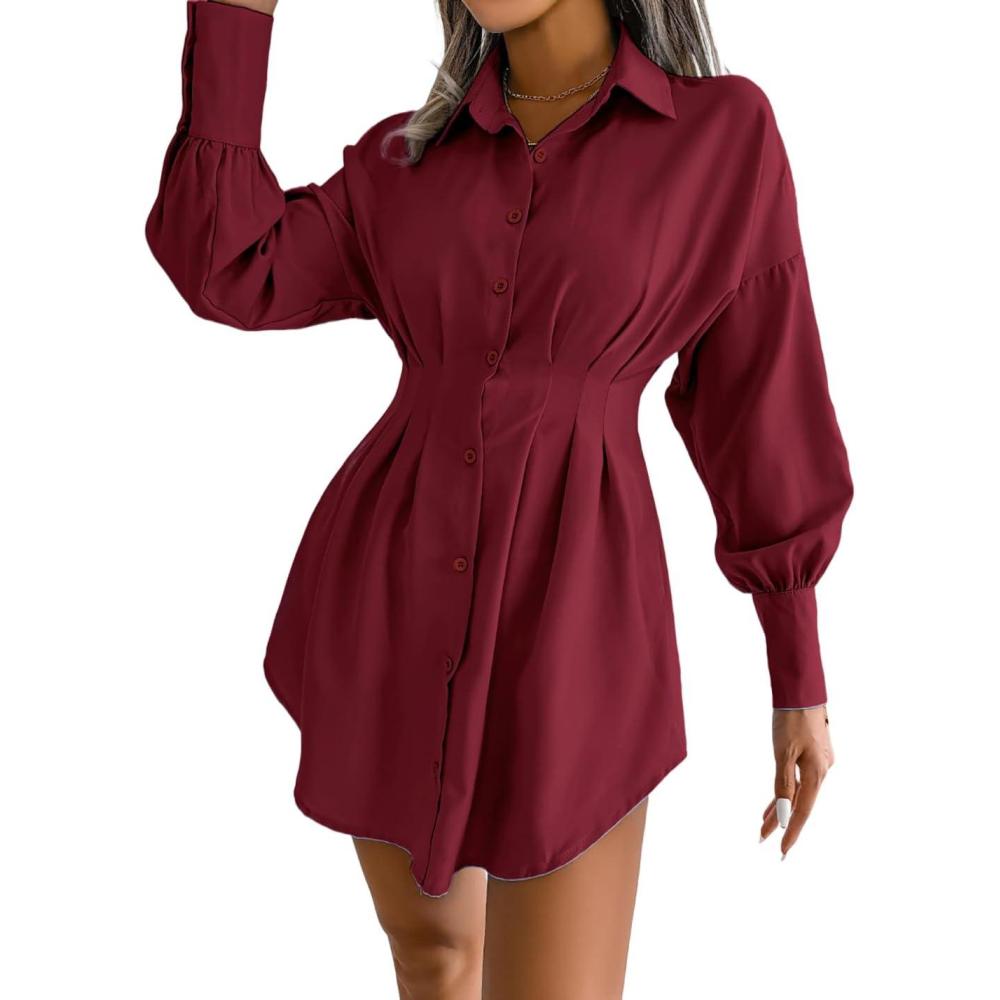 imageCasual Lantern Sleeve Shirt Dress with Cinched Waist and Asymmetrical DressesWine