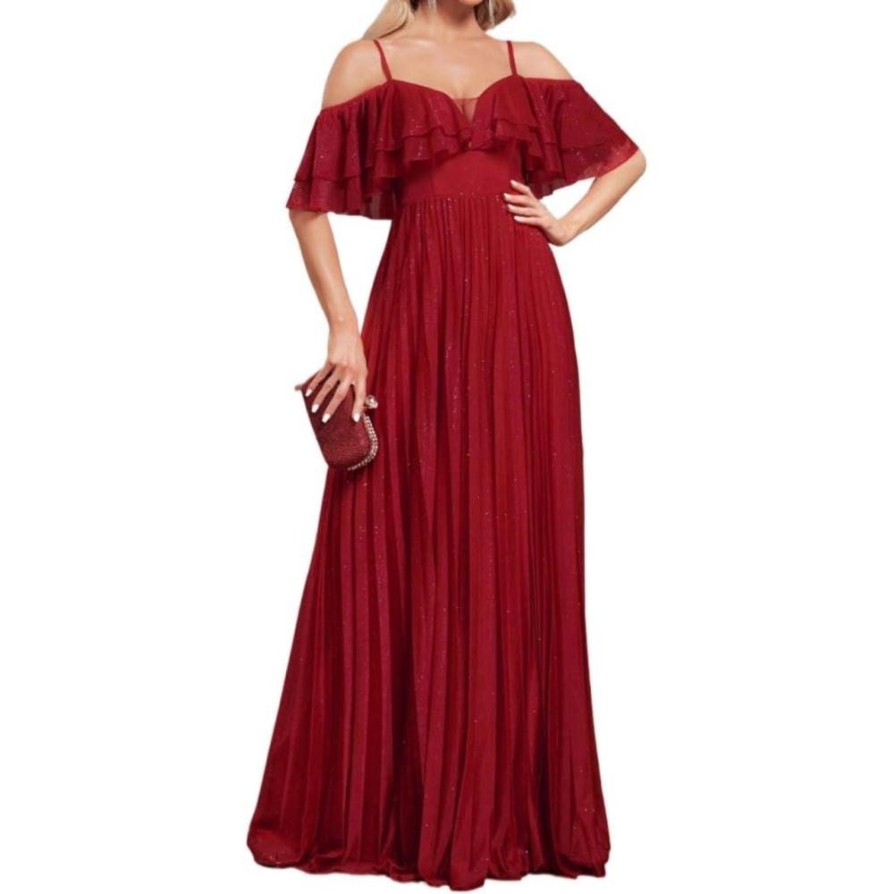 imageHalter One Shoulder Dresses Multi Layered Pleated Bridesmaid Cocktail Evening Gowns DressesRed
