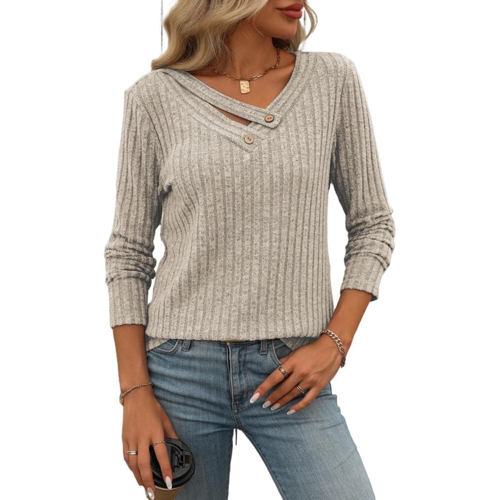 imageKnitted Top with Long Sleeves and Button Design Solid Color VNeck for WomenCoffee