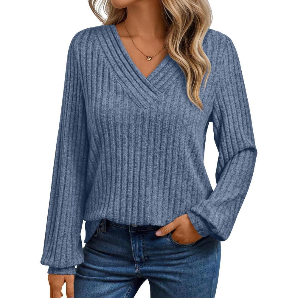 imageLongSleeve VNeck Ribbed Brushed Knit Base Layer Sweatshirt Casual Pullover Top for FallWinterBlue