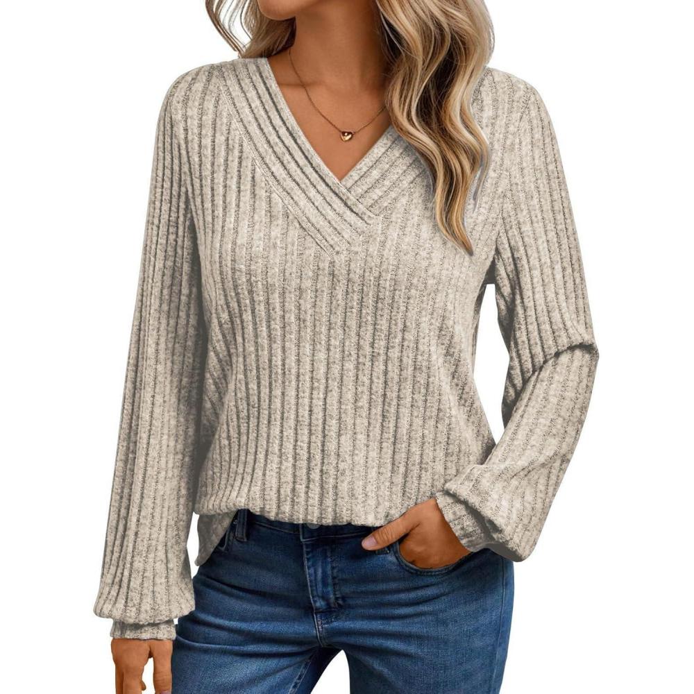 imageLongSleeve VNeck Ribbed Brushed Knit Base Layer Sweatshirt Casual Pullover Top for FallWinterCoffee