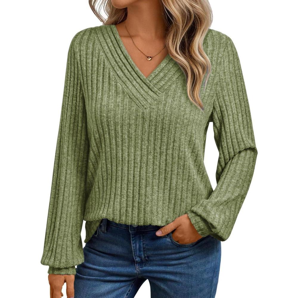 imageLongSleeve VNeck Ribbed Brushed Knit Base Layer Sweatshirt Casual Pullover Top for FallWinterGreen
