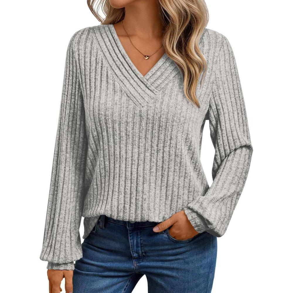 imageLongSleeve VNeck Ribbed Brushed Knit Base Layer Sweatshirt Casual Pullover Top for FallWinterGrey