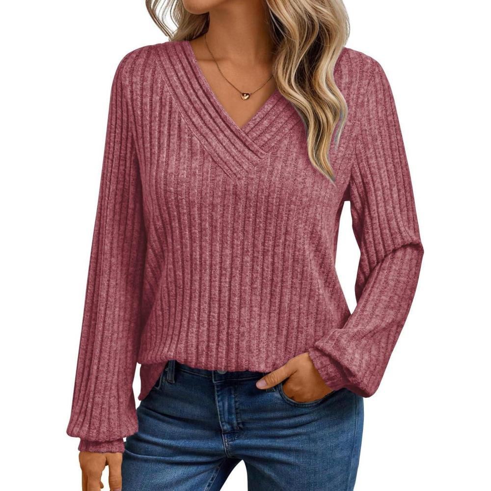imageLongSleeve VNeck Ribbed Brushed Knit Base Layer Sweatshirt Casual Pullover Top for FallWinterRed