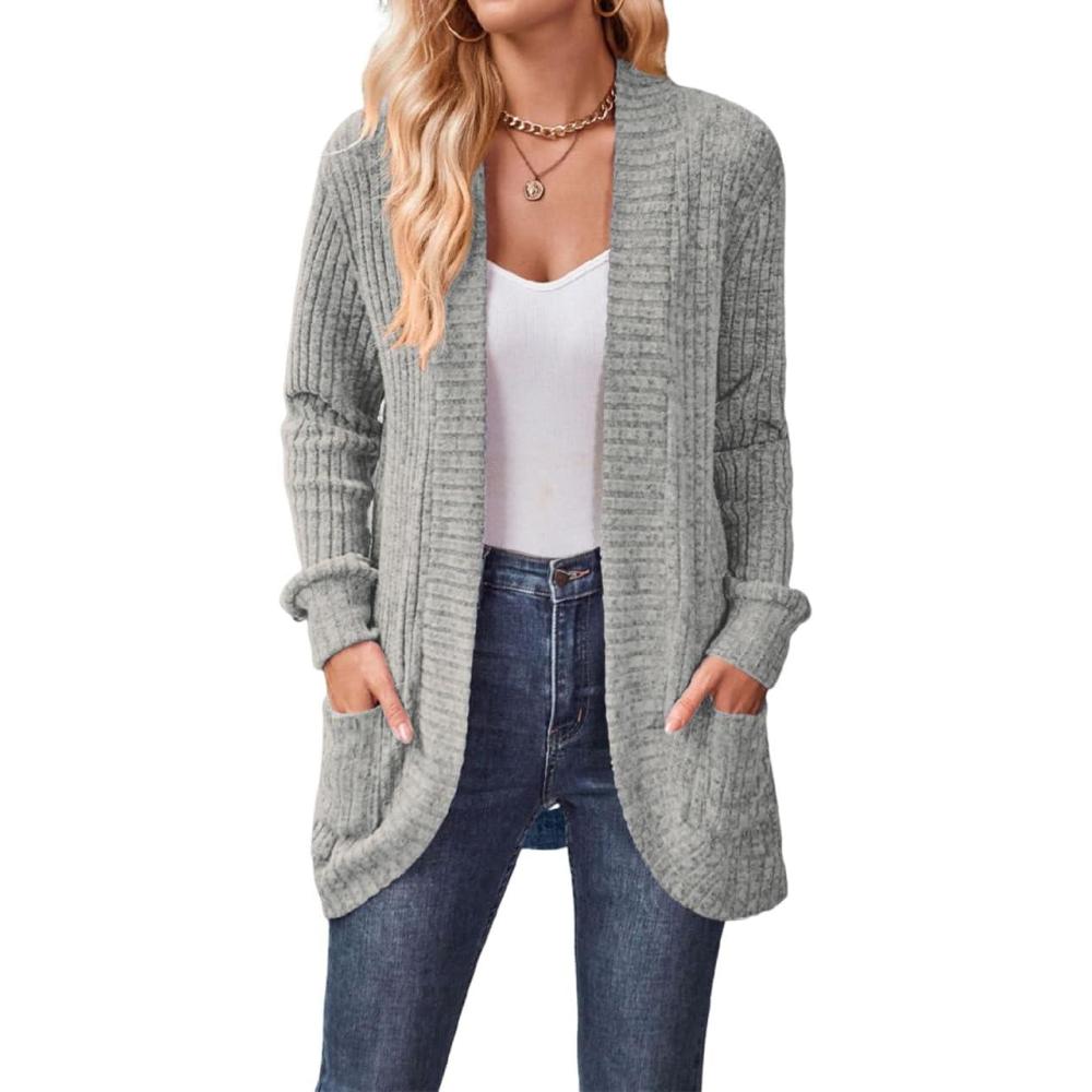 imageLongSleeved Cardigan Sweater Casual SolidColor Fashionable LongLength SlimFit CardiganGrey