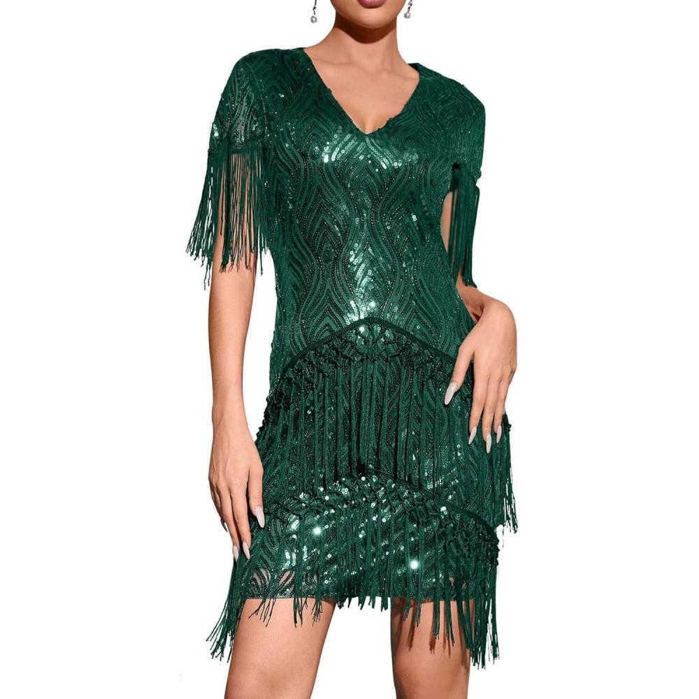 imageMidi Cap Sleeve Flapper Dress with Sequin Vintage Fringe Dress Roaring 20s Sequins Beaded DressGreen