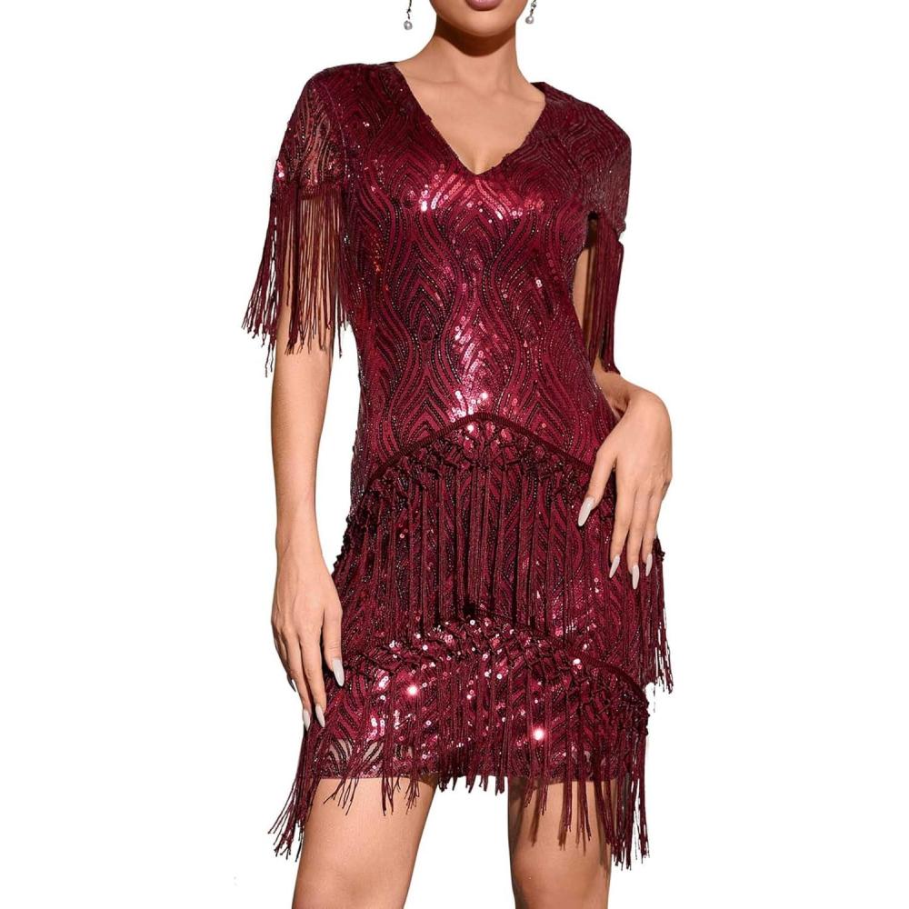imageMidi Cap Sleeve Flapper Dress with Sequin Vintage Fringe Dress Roaring 20s Sequins Beaded DressWine