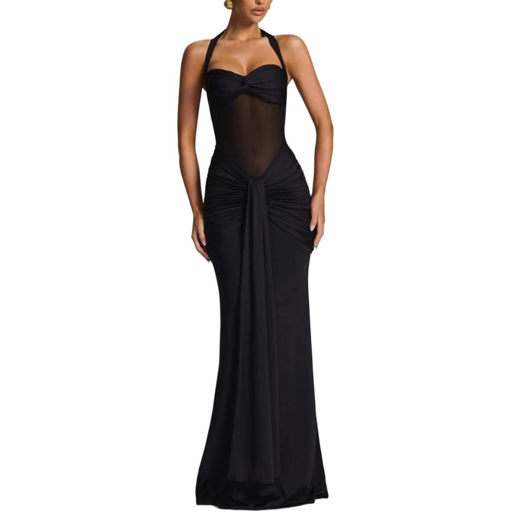 imageOffShoulder TieNeck Maxi Dress with Tulle Panel and Flowing SashBlack