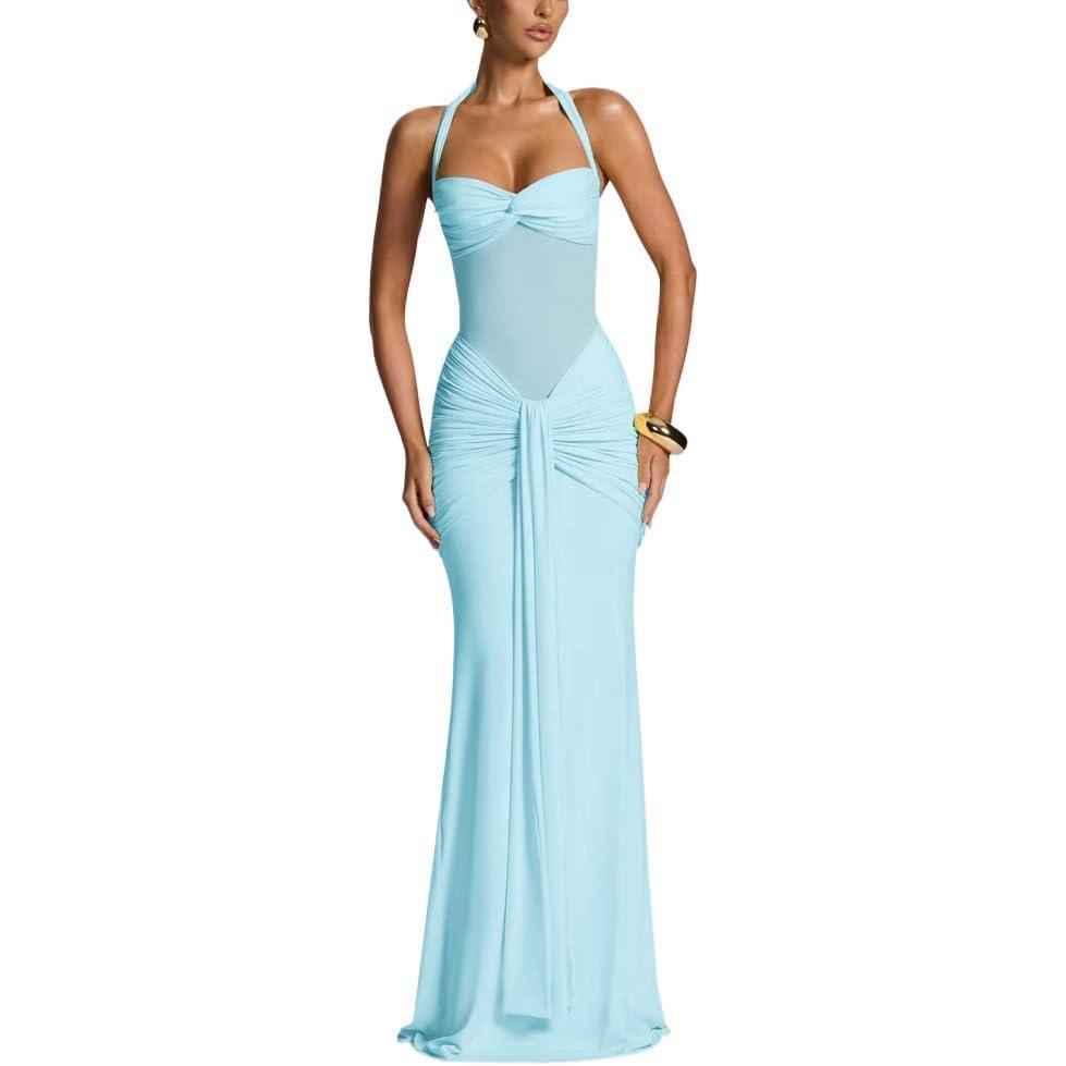 imageOffShoulder TieNeck Maxi Dress with Tulle Panel and Flowing SashBlue