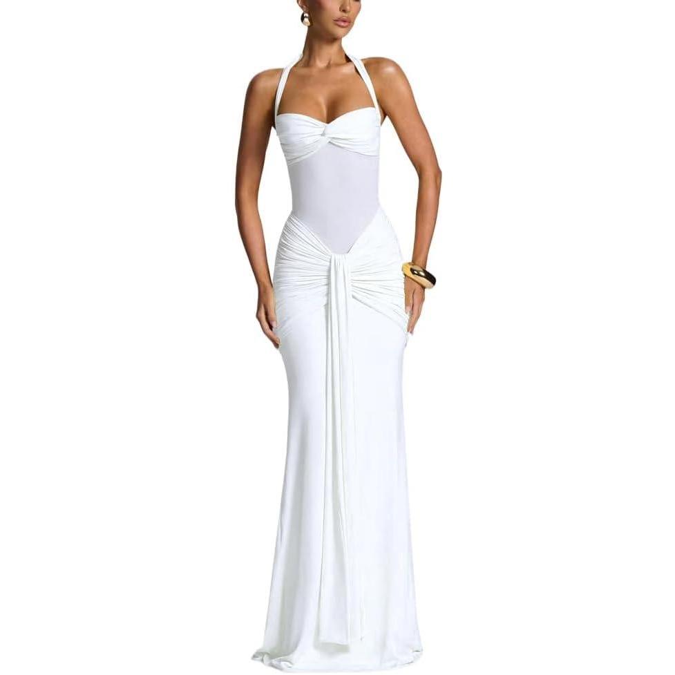 imageOffShoulder TieNeck Maxi Dress with Tulle Panel and Flowing SashWhite