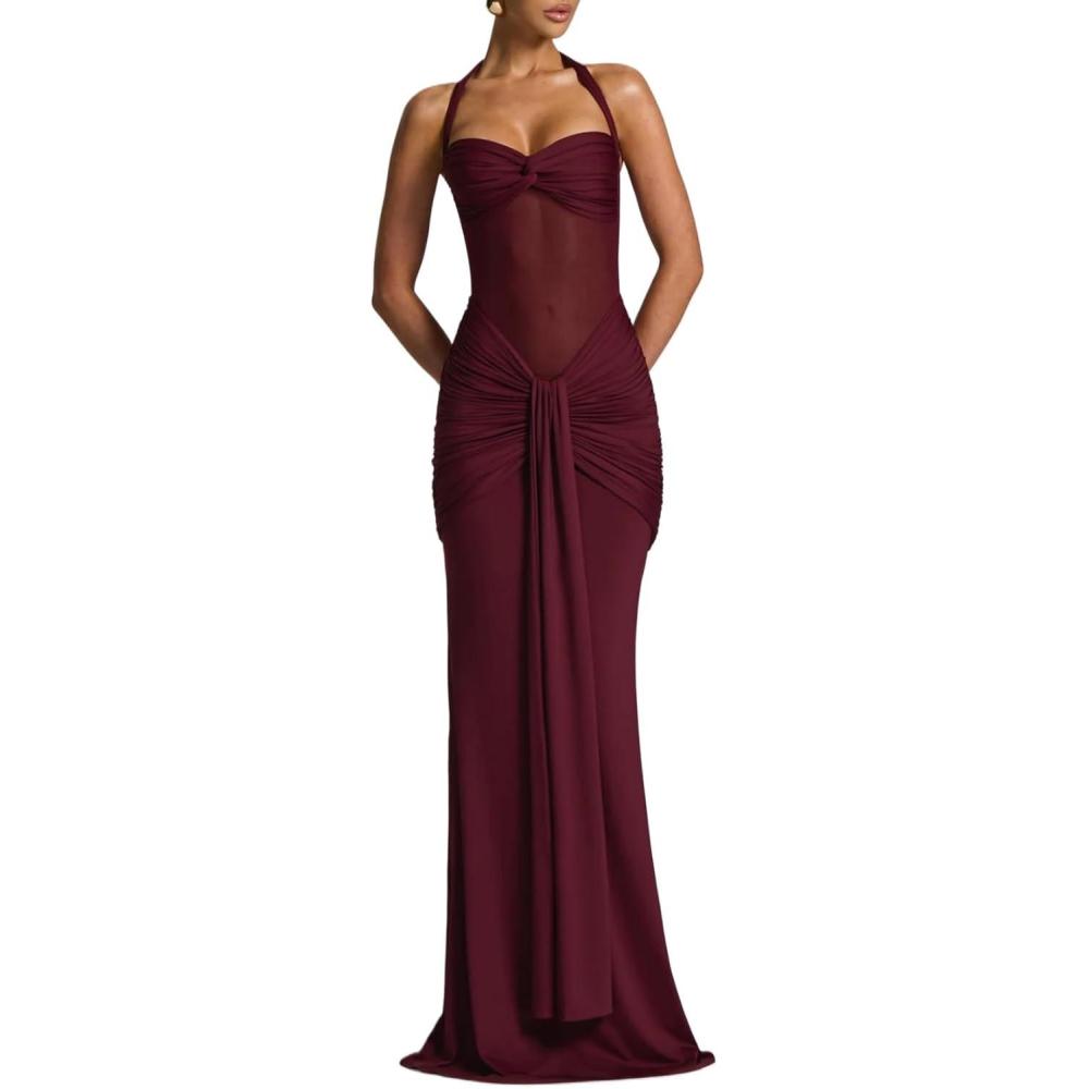 imageOffShoulder TieNeck Maxi Dress with Tulle Panel and Flowing SashWine