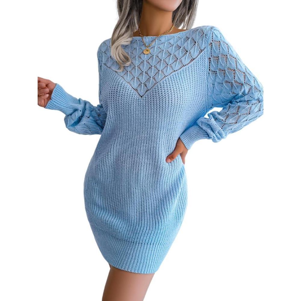 imageOpenwork OffTheShoulder Knit Dress with Long Sleeves Slim Fit Casual Ins StyleBlue