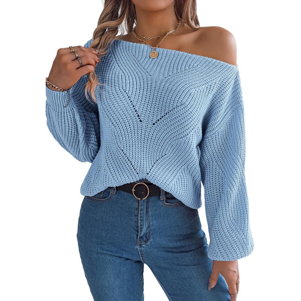 imageOpenwork OffTheShoulder Sweater with Lantern Sleeves for FallWinter Casual WearBlue