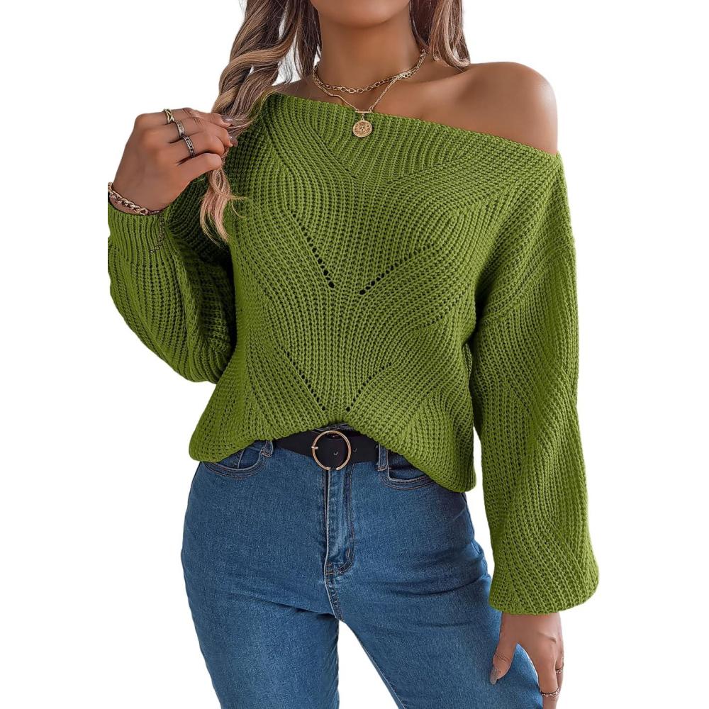 imageOpenwork OffTheShoulder Sweater with Lantern Sleeves for FallWinter Casual WearGreen