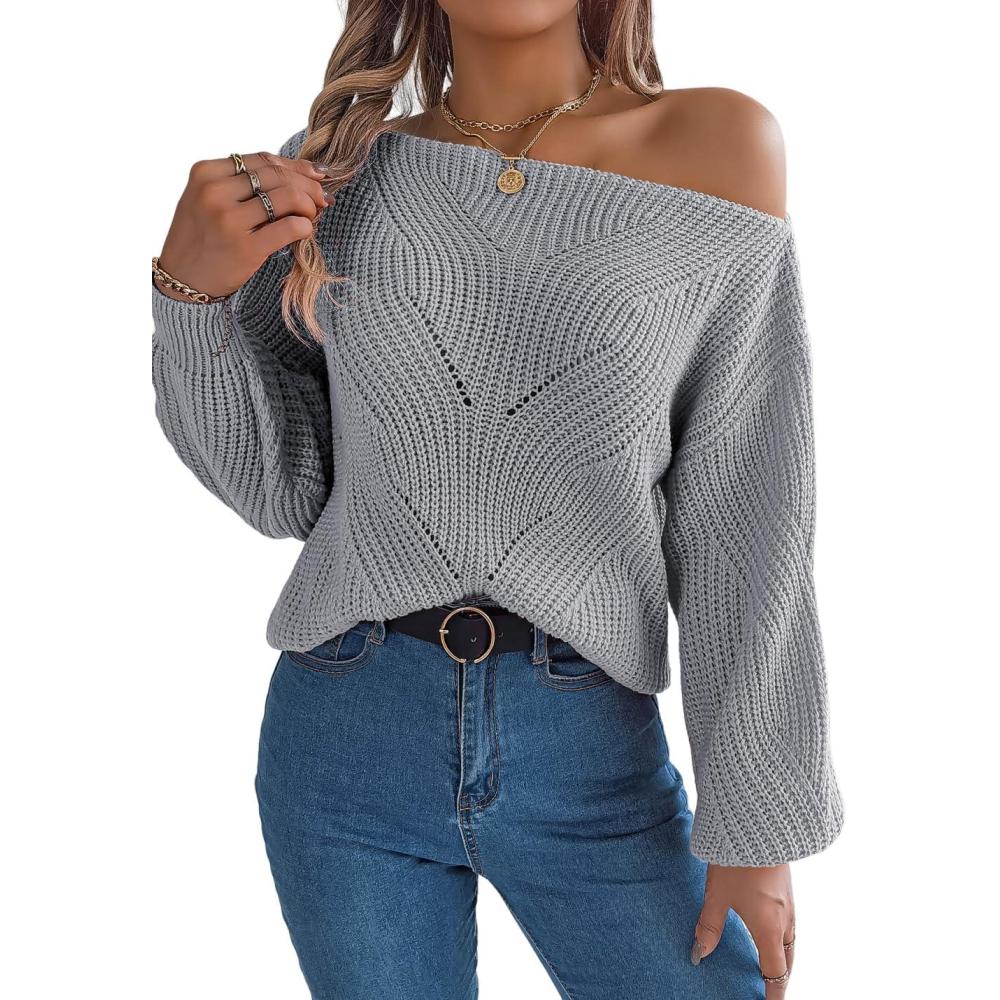 imageOpenwork OffTheShoulder Sweater with Lantern Sleeves for FallWinter Casual WearGrey