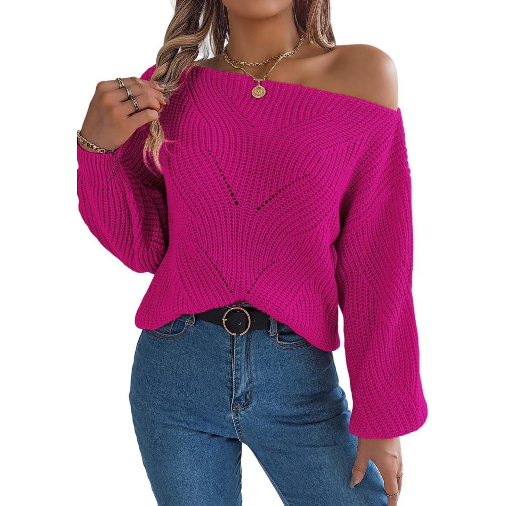 imageOpenwork OffTheShoulder Sweater with Lantern Sleeves for FallWinter Casual WearRose