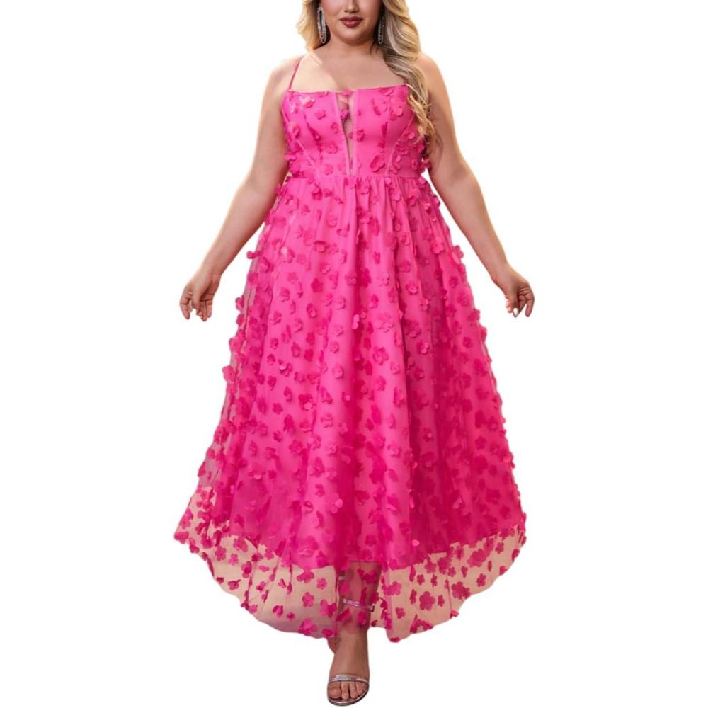 imagePlus Size Floral Mesh Dress Vacation V Neck Halter Home Coming Dinner Party Bridesmaid DressesRose