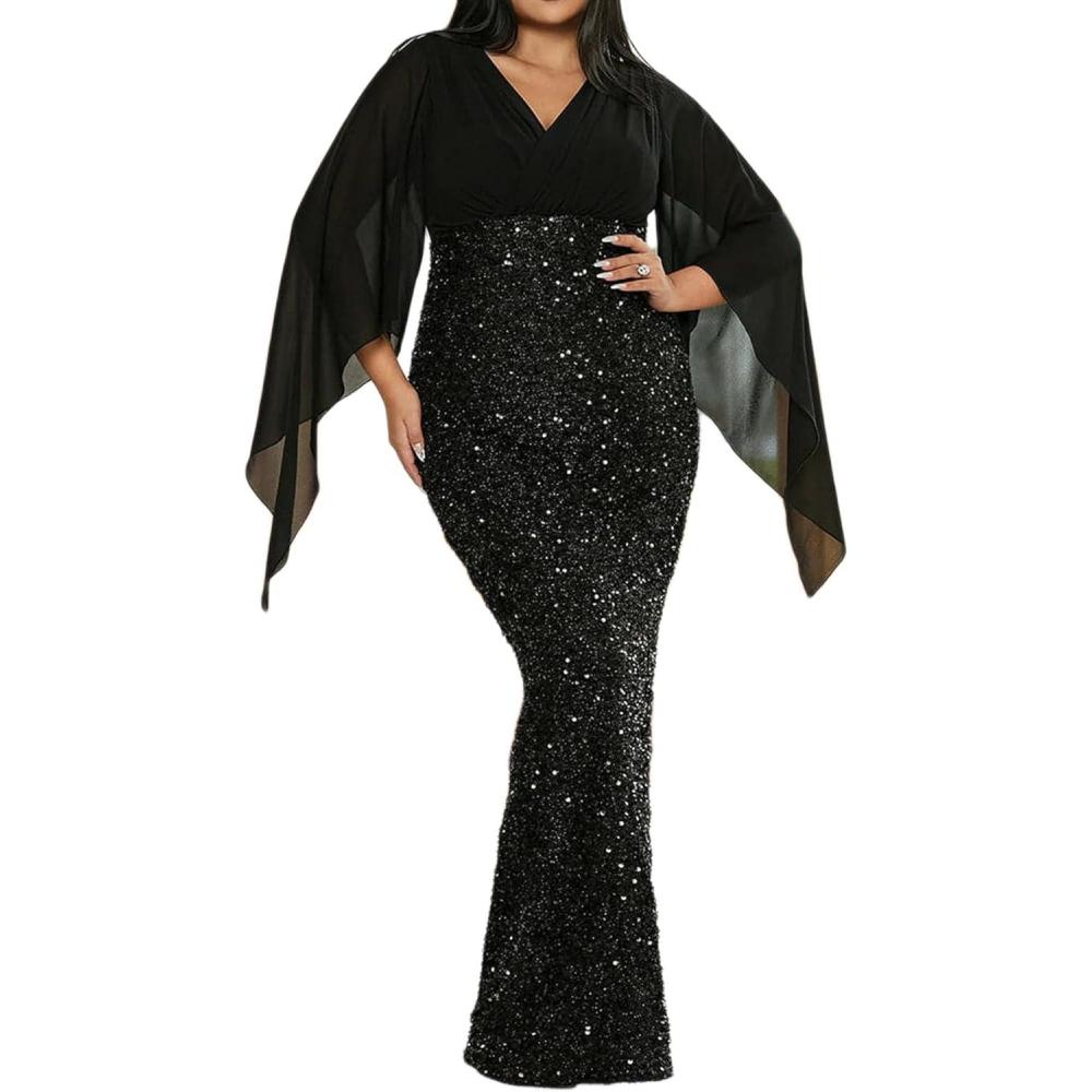 imagePlus Size Shiny Chiffon Dress Plus Size Elegant Sequins Banquet Midi V Neck Formal Evening DressAblack