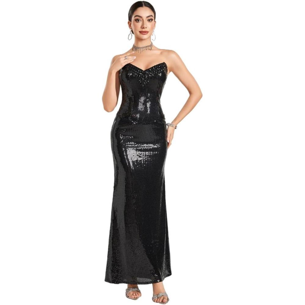 imageSequin Maxi Dress Plunge Luminous Noir Premium Black Evening Party Fishtail GownBlacke