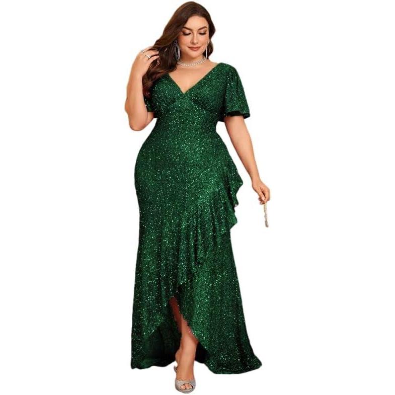 imageSequin Mermaid VNeck Plus Size Gown Seductive Long Prom Party DressGreen