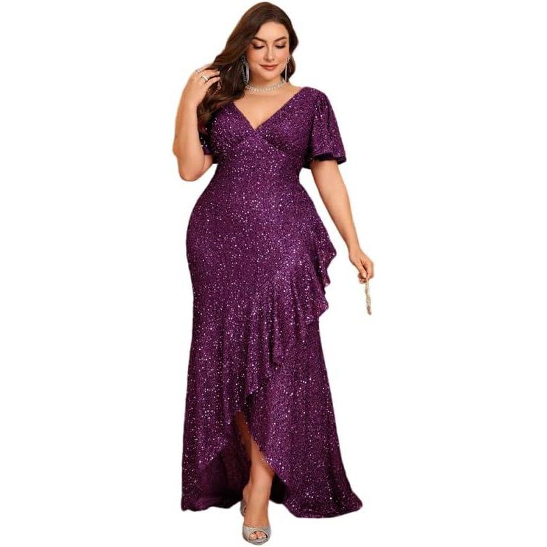 imageSequin Mermaid VNeck Plus Size Gown Seductive Long Prom Party DressPurple
