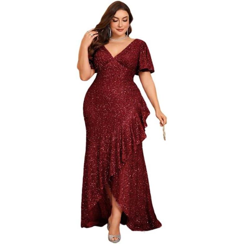 imageSequin Mermaid VNeck Plus Size Gown Seductive Long Prom Party DressRed