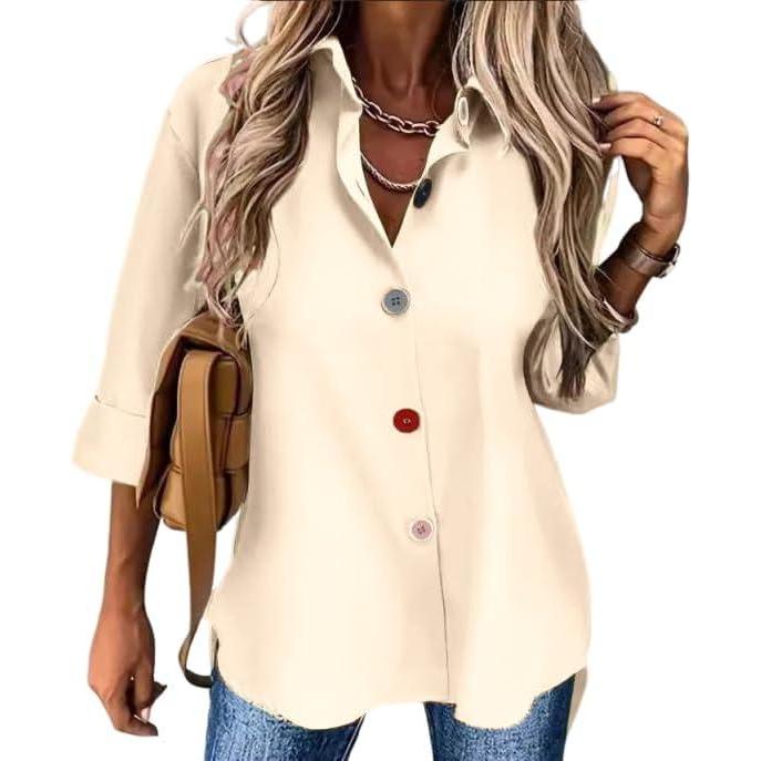 imageSolidColor Cardigan LongSleeve Shirt with Colored Buttons for Women SpringFall Casual WearBeige