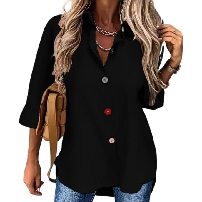 imageSolidColor Cardigan LongSleeve Shirt with Colored Buttons for Women SpringFall Casual WearBlack
