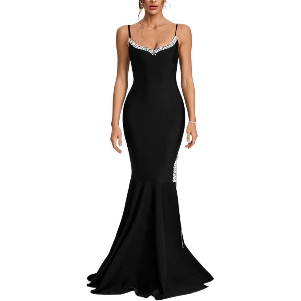imageStrapless VNeck DiamanteEmbellished Dress with Split Hem Chain Detail and Fringe FishtailBlack