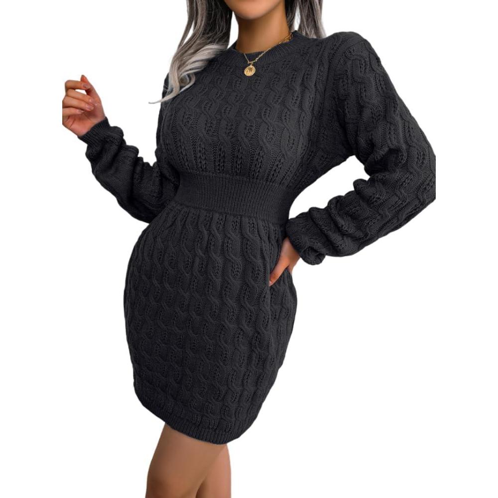 imageTwistedWaist Fitted Dress with HipHugging Silhouette Casual Base Layer Sweater DressBlack