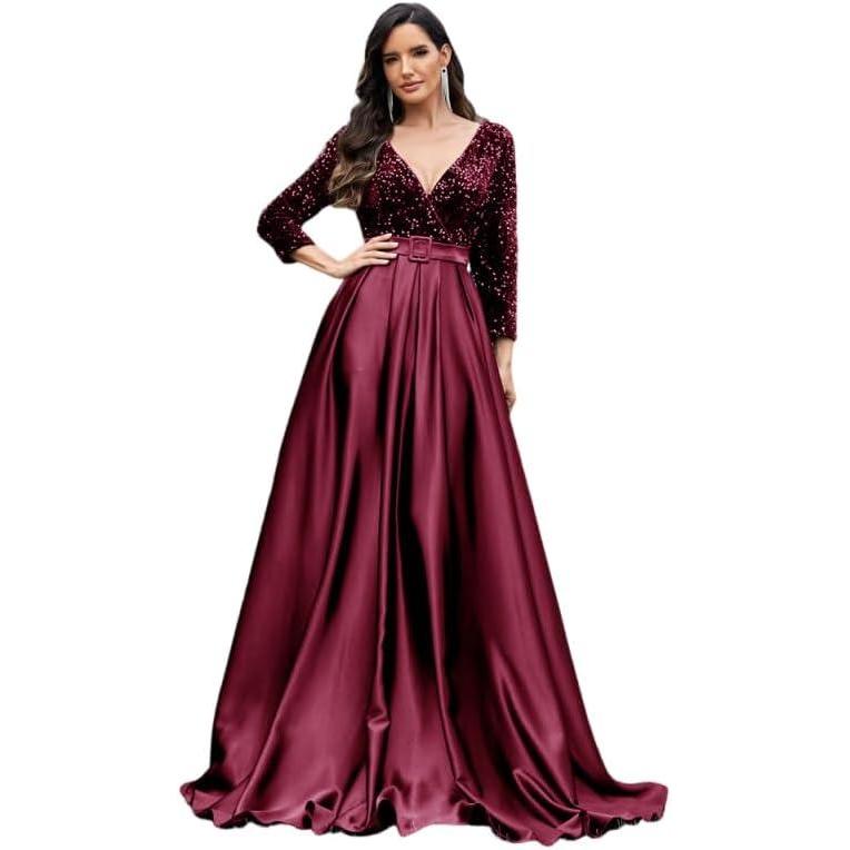 imageVNeck Sequins Velvet LongSleeved Maxi Dress Dress Banquet Hostess Evening GownRed