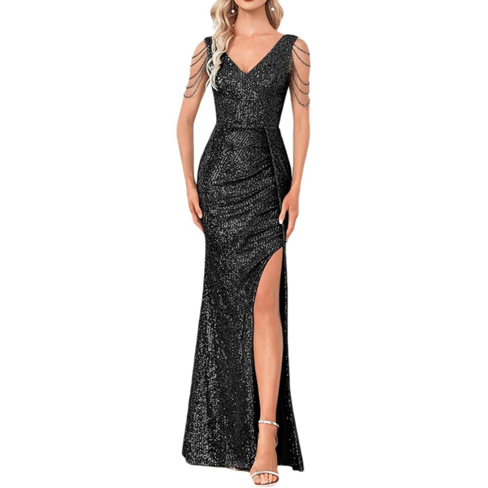 imageWomen 1920s Formal Dress Tassel Sleeve with Bead Sparkly Gatsby Sequin Dress V Neck Maxi DressNblack