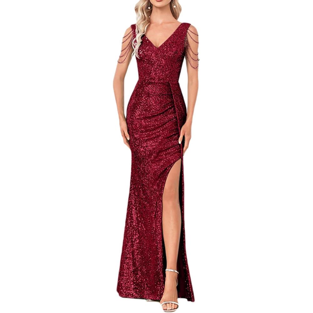 imageWomen 1920s Formal Dress Tassel Sleeve with Bead Sparkly Gatsby Sequin Dress V Neck Maxi DressNwine